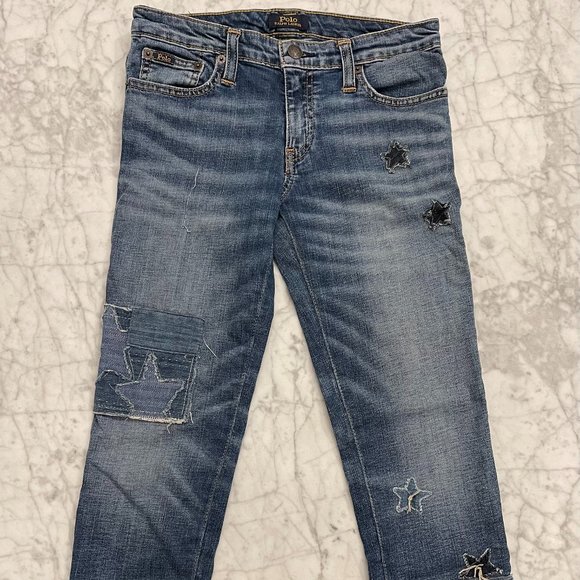 Polo Ralph Lauren Girls Blue Waverly Straight Star Patch Raw Hem Jeans Size 12 - Picture 1 of 8